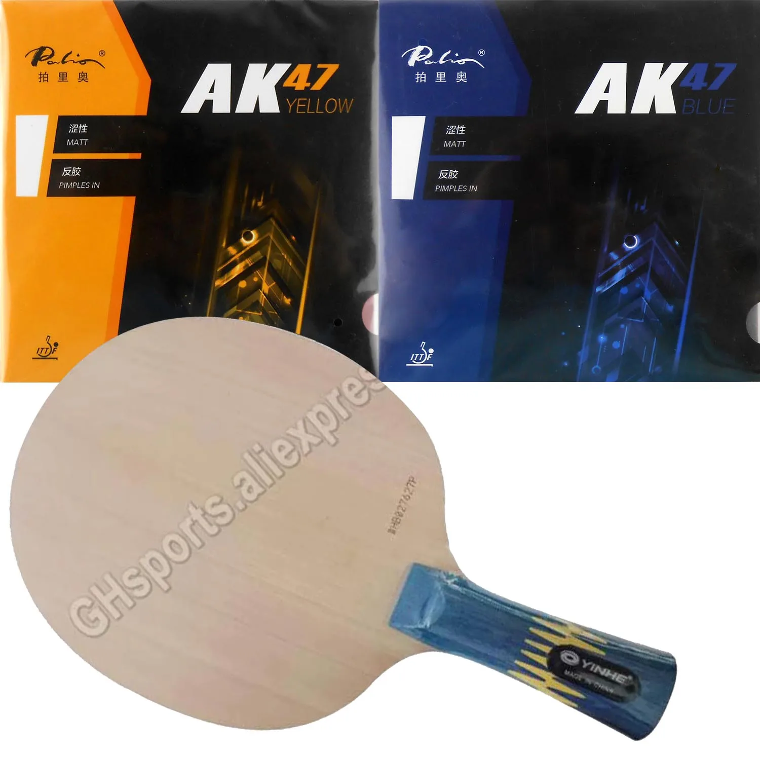 

Pro Combo Racket Yinhe W-6 Table Tennis Blade with Palio AK47 yellow and AK47 BLUE Matt PingPong Rubbers