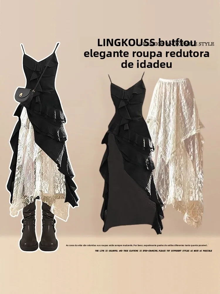 Vestido Feminino Boho Vintage de Verão com Renda e Alças, Conjunto de Duas Peças Assimétrico Delicado Estilo Ins, Vestido Mid...