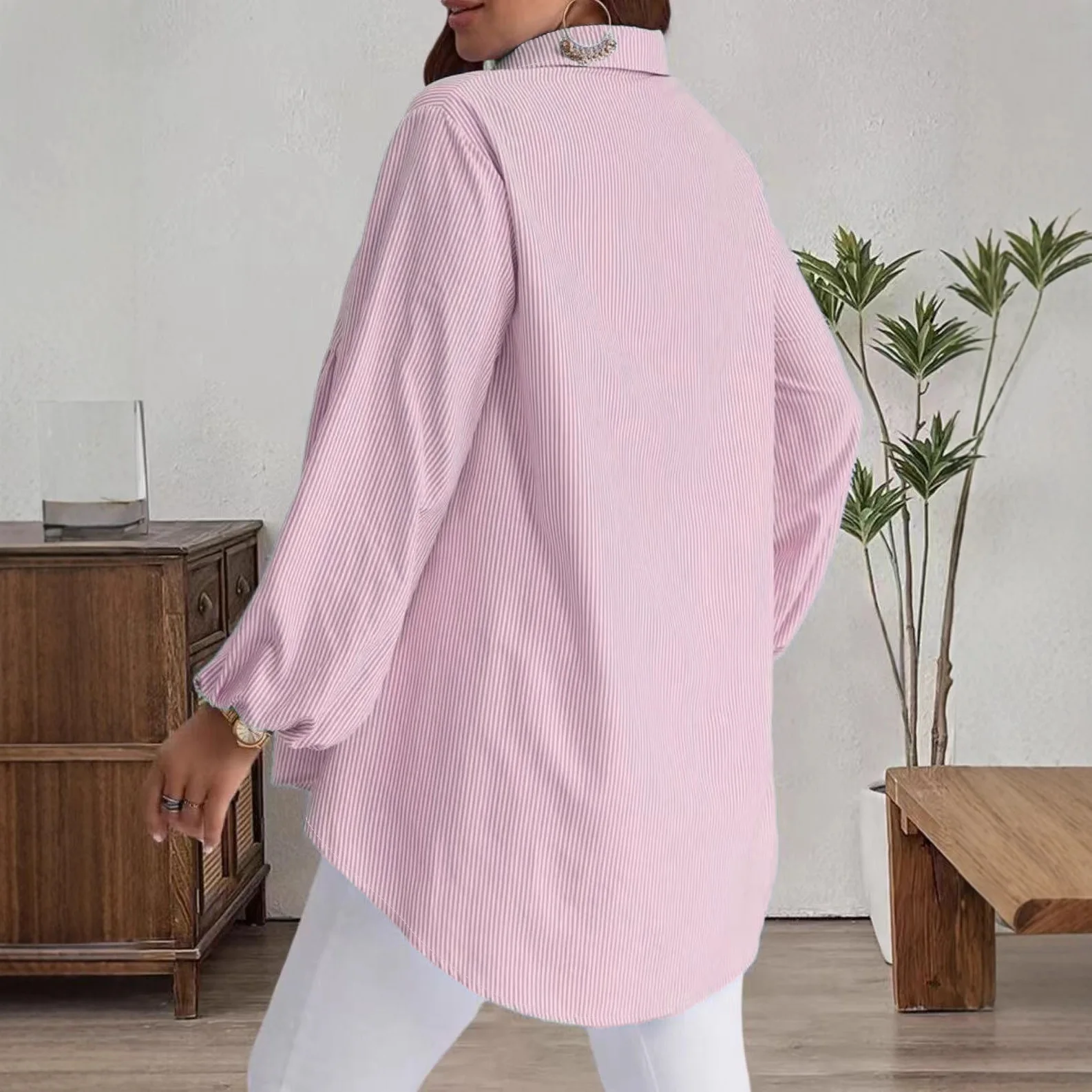 

Loose Fit Striped Casual irt Long Sve Turn-down Collar Top for Women Autumn Winter plus Size Faion Commute Sle