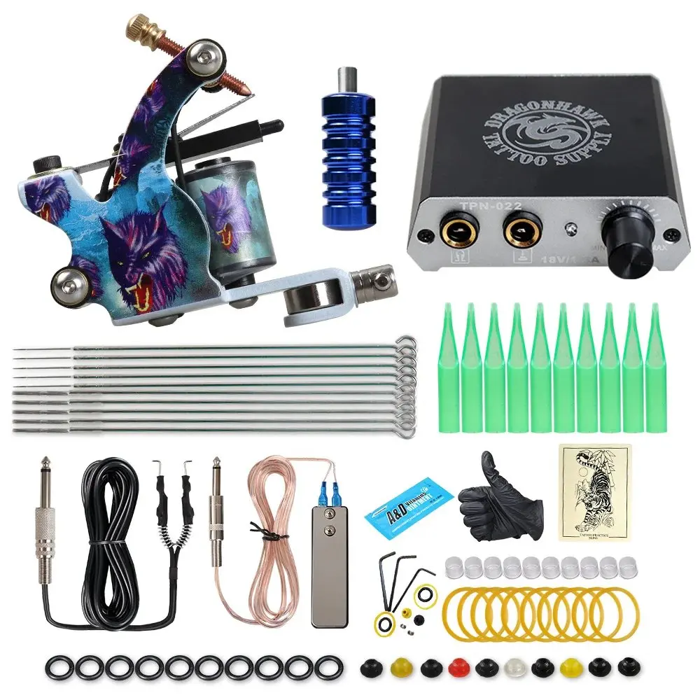 Beginner Complete Coils Tattoo Kit Liner Shader Machine Tattoo Kit With Power Supply Dragonhawk Tattoo Needles Kit