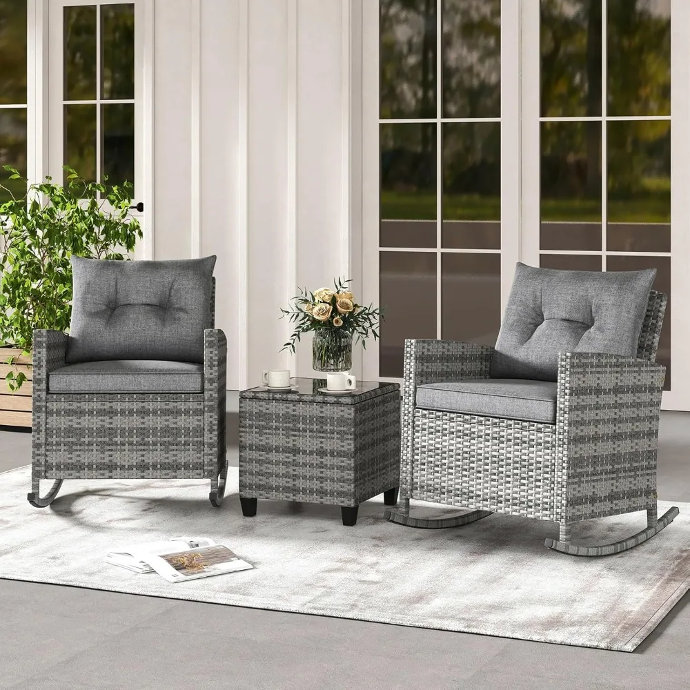 

3-Piece Rocking Bistro Set-Rattan Wicker Rocking Chairs Set of 2 W/Soft Cushions, Glass Coffee Table,Outdoor Conversation Rocker