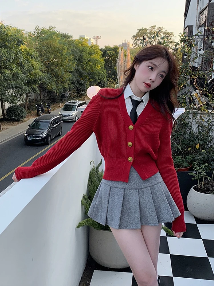 Christmas Red Sweater Women Y2k Crop Tops Korean Fashion Clothing Pure Color V-Neck Knitted Cardigan Female 2022 Winter New Year