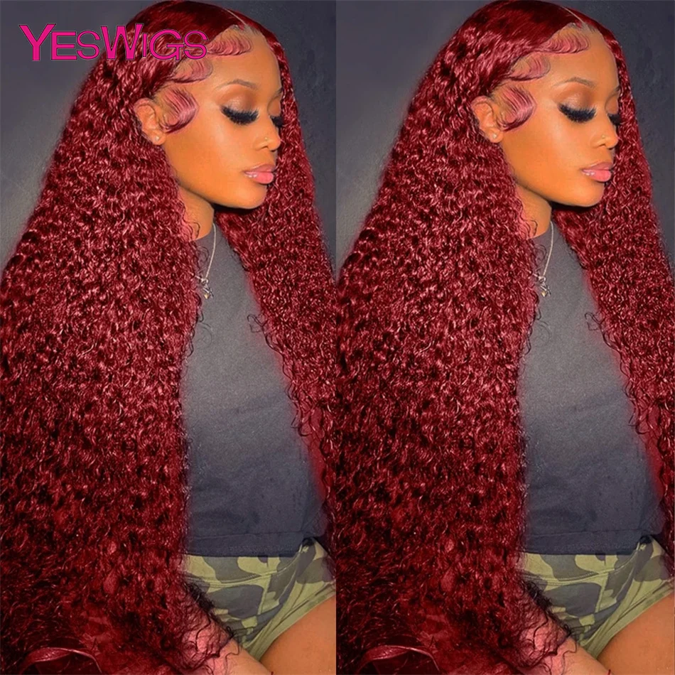 Peluca con malla Frontal rizada profunda de color rojo cereza 99J Borgoña 13x4, 100% cabello humano, peluca Frontal de encaje sin pegamento con ondas de agua prearrancadas