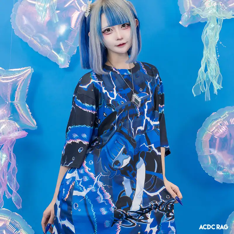 Harajuku Y2K Anime Short Sleeve T-shirt in 2 Colors Blue Lightning Girl Character Full Print Color Adult and Child