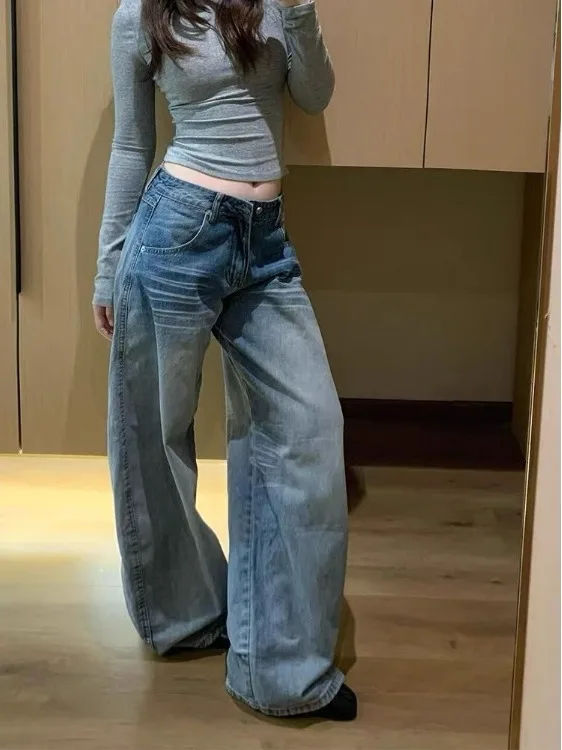 

Женские джинсы с низкой посадкой и широкими штанинами, в американском стиле, с эффектом потертости, свободные, в пол, модные брюки для весны и ранней осени, для повседневной носки