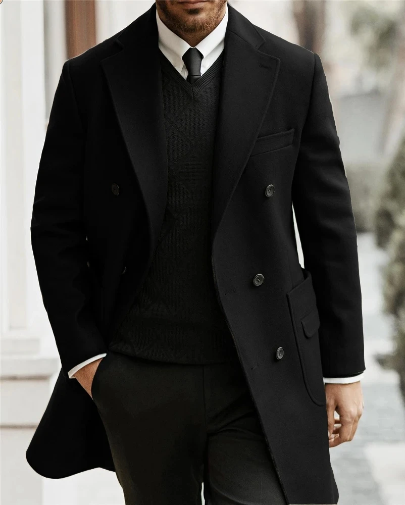 Classic Man Trench Coat Notched Lapel Full Man Terno Fashion Double Breasted Elegant Gentleman Long Coat Men's Winter Jacket