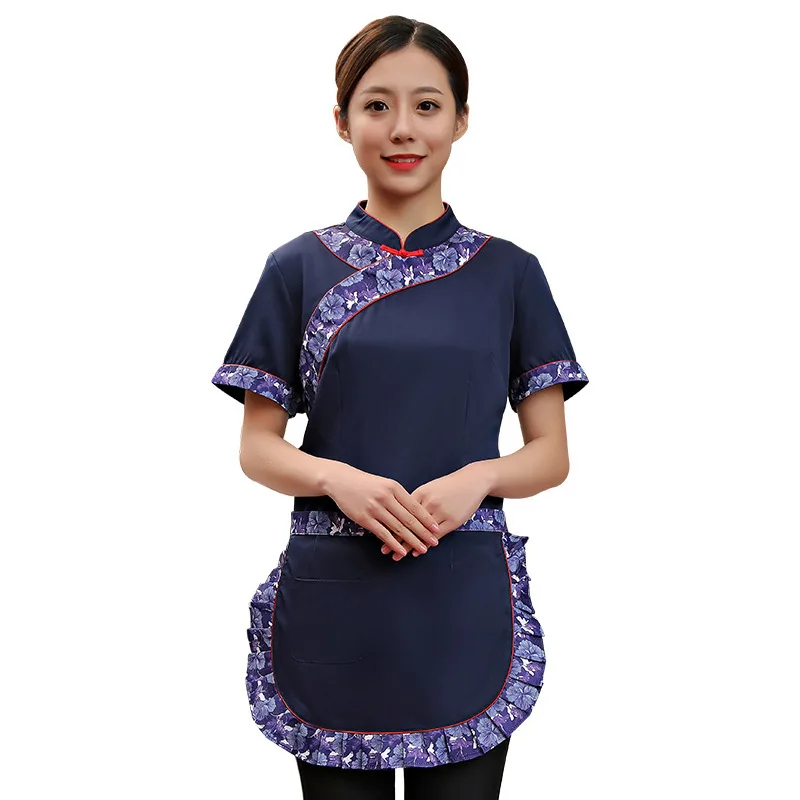 

Nongjiale Work Clothes Summer Women's Short-Sleeved Apron National Style Chinese Tea House Local Restaurant Waiter Un