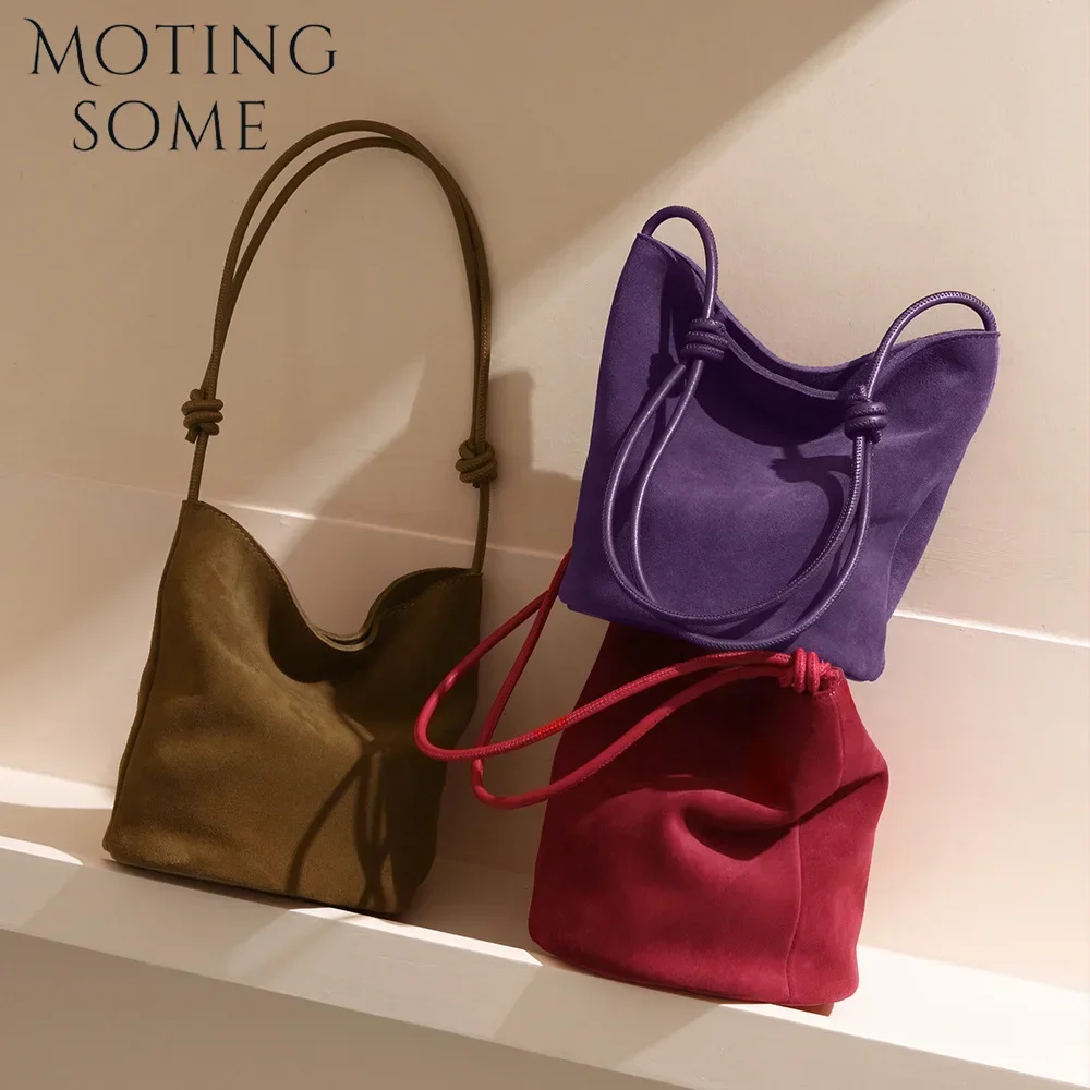 Motingsome Suede Leather Handbag Women Mini Bucket Tote Strings Shoulder Vintage Bags Winter Daily Commuting Purses 2024 New