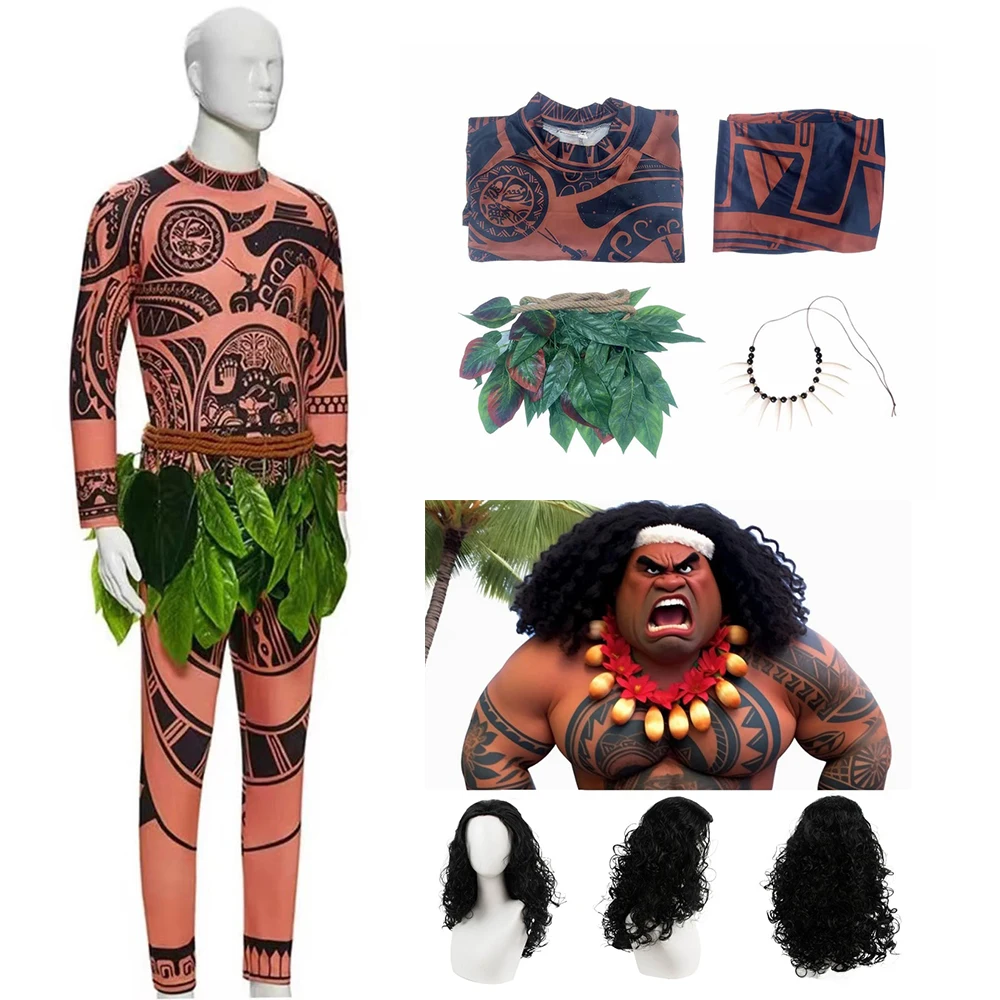 Disfraz de Maui, Top y Pantalones, Halloween, Adulto, Niño, Cosplay, Vestido con Tatuajes, Carnaval, Traje de Moana, Hombre, Mujer, Top+Pantalones+Pelucas