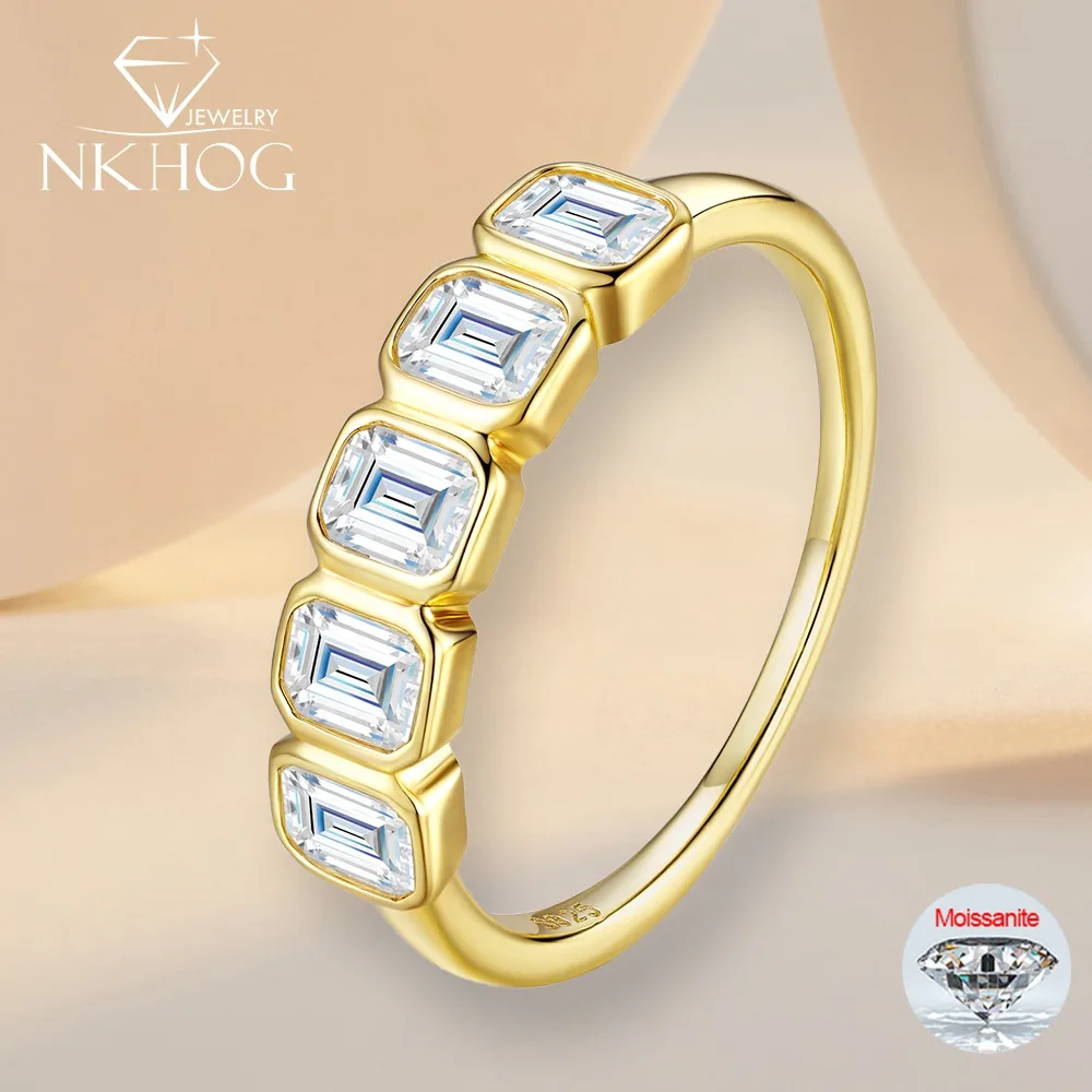 

NKHOG 3x5mm Full Moissanite Rings For Women Men S925 Silver 5 Stone Luxury Wedding Band Gift 18K Gold Plated No Fade Jewelry GRA