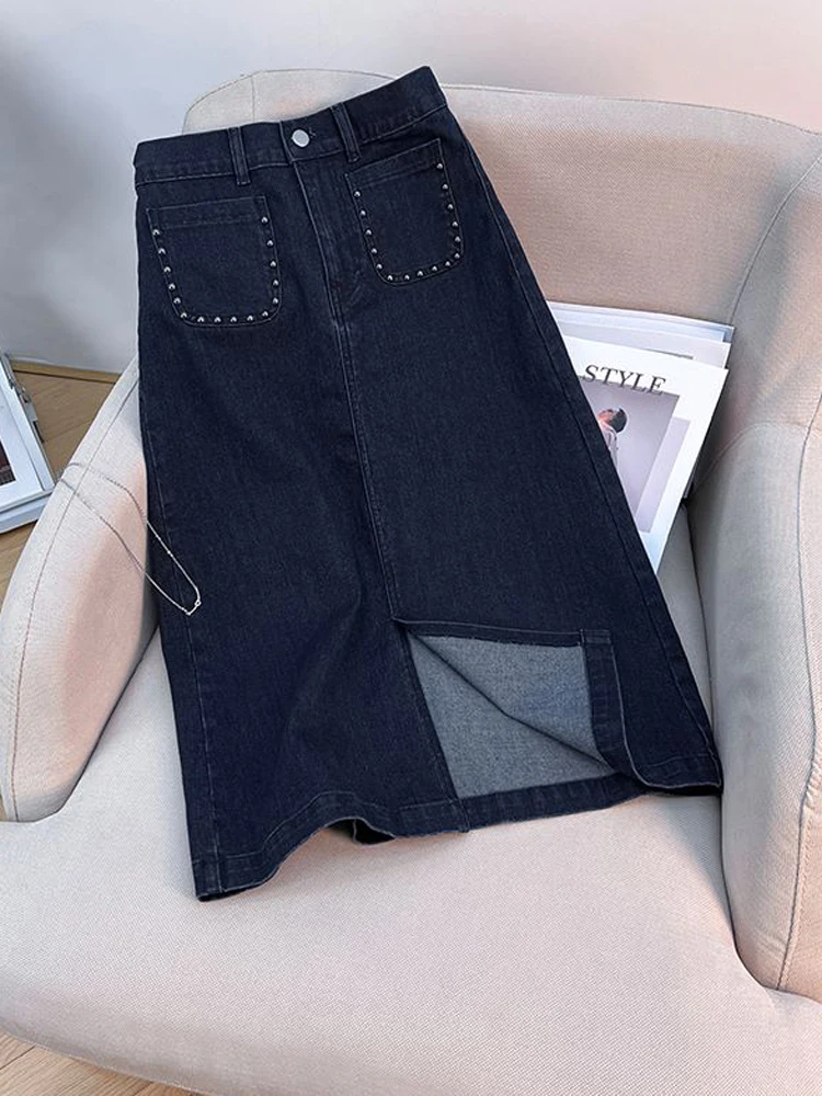 Retro Denim Skirt Women Summer New Elastic High Waisted Split A-line Mid Length Jean Skirt Fashion Rivet Double Pocket Skirts