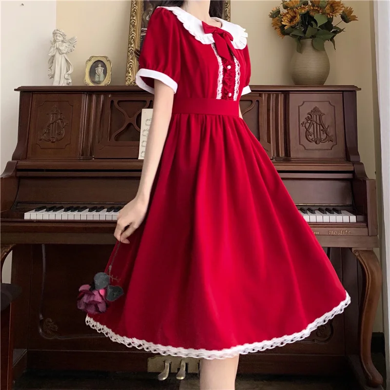 

Women 2022 Sweet Party Dress Short Sleeve Lolita Vintage Lace Mini Black Red Dresses Summer Outwear y2k Clothes Robe Vestido