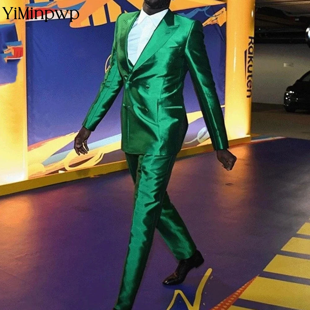 

YiMinpwp Green Men's Suits Set Satin Wedding 2 Pieces Peaked Lapel Business Costume Homme Party Prom Tuxedos Suit XS-5XL