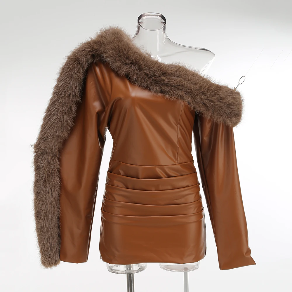European And American Style Leather Single Shoulder Dress With Faux Fur Collar And Hip Hugging Dress Sexy Gowns for spicy girls