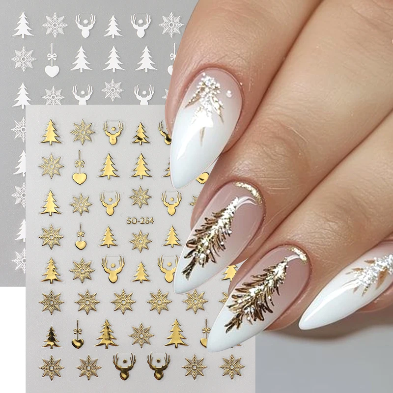 2 Stück metallische Weihnachtsbaum-Nagelaufkleber, weiß/goldene Schneeflocken, Geweih, Winter-Nagelkunst-Abziehbilder, festliches Weihnachts-Nagelzubehör
