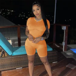 Summer New Women Sexy Hollow Package Hip Tight Knitted High-waisted One Piece For Female Casual Shorts Sport Romper 2023