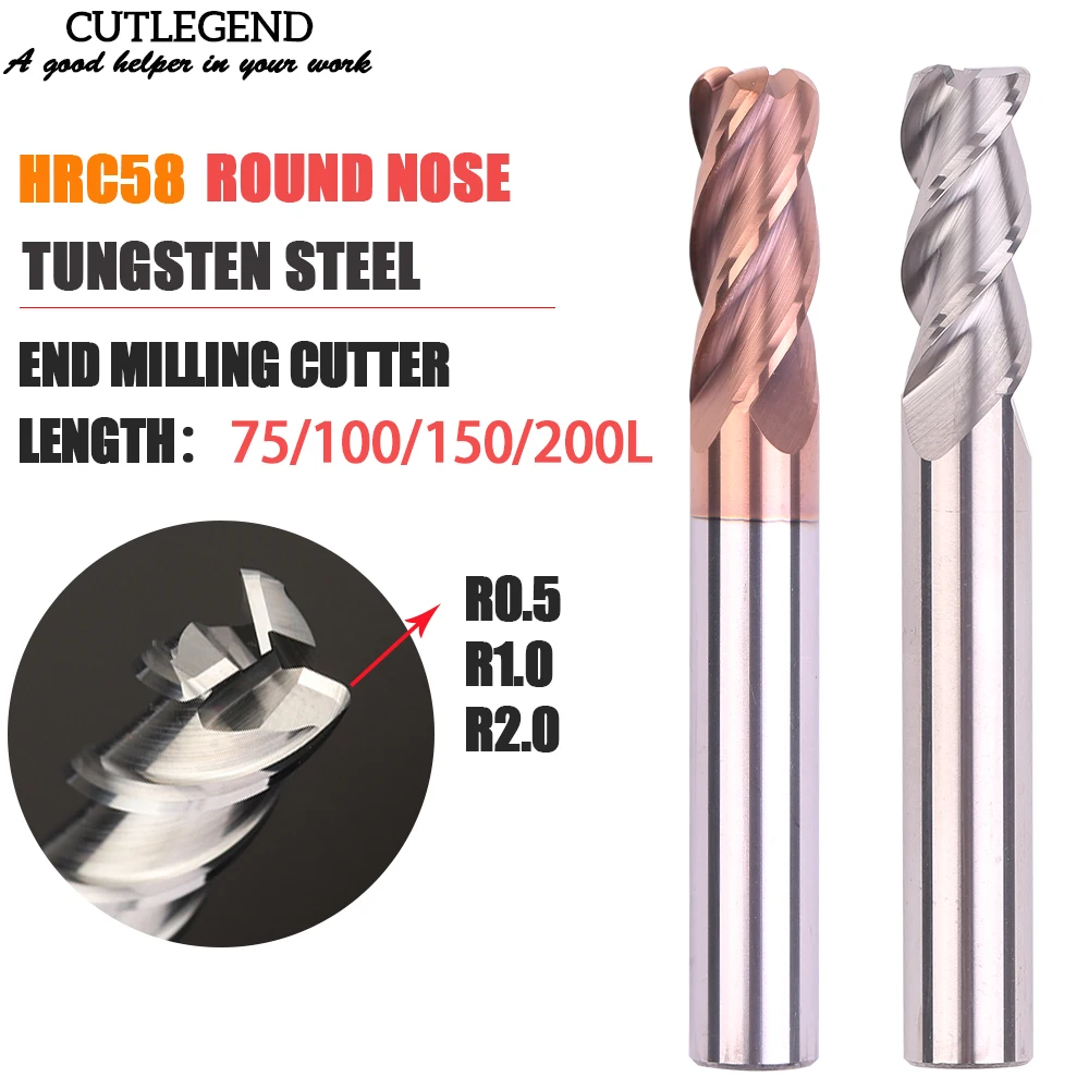 HRC58 hard alloy protruding 4 flute 4 6 8 10XR0.5/R1/R2 angle round nose 75/100/150/200mm Length  Tungsten steel milling cutter