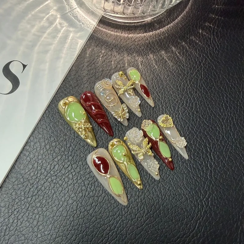 

10 шт., сверхмощные ногти ручной работы на шпильках, позолоченные бабочки, камелия, дизайн, накладные ногти, роскошные бриллиантовые накладные ногти виконусный сегмент