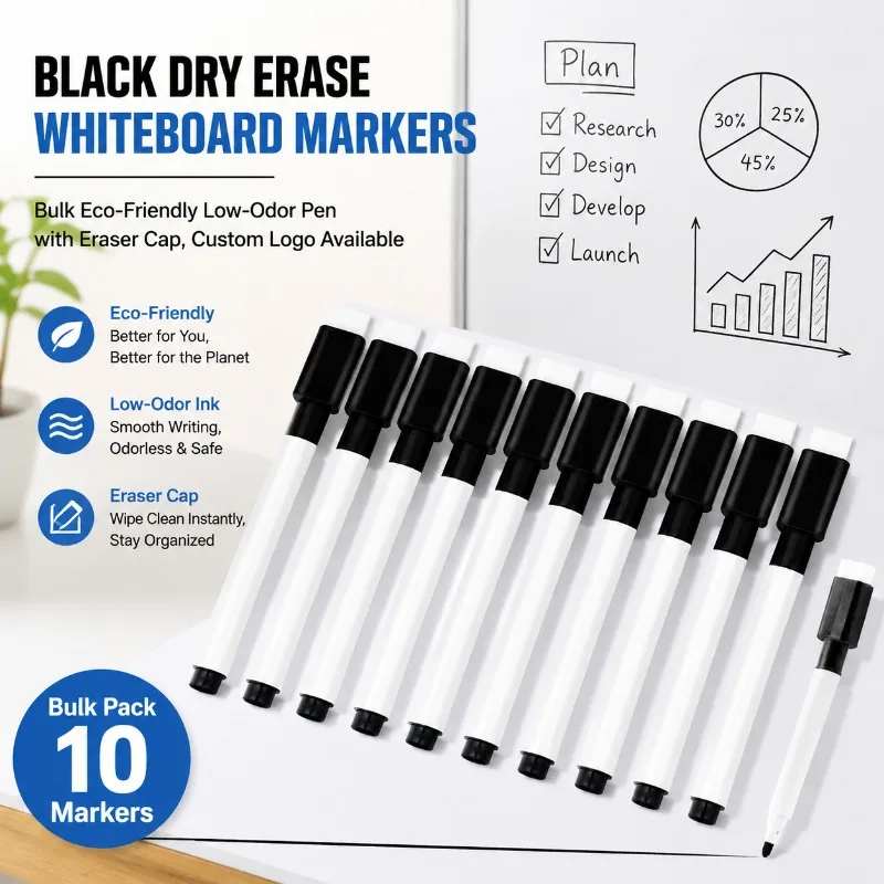 Black Erasable Whiteboard Marker Eco Water Based Pen Magnetic Design with Built in Brush Smooth Writing Tool for Office