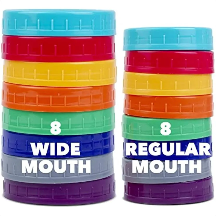 

16 Pack Colored Plastic Ball Jar Lids Kerr 8 Regular Mouth and 8 Wide Mouth for Mason Jars for Canning Reusable Mason Jar Plast