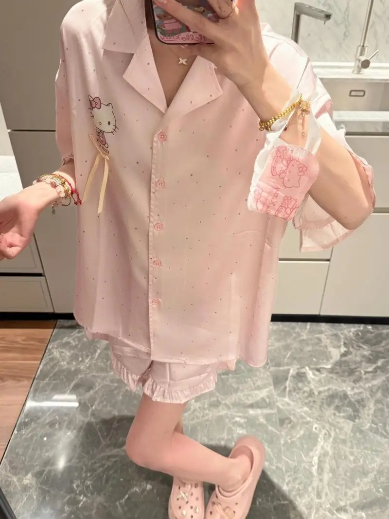 

Женский пижамный комплект Hello Kitty 2025 из ледяного шелка в горошек, одежда для сна с милым мультяшным принтом, домашняя одежда для дома, удобная одежда