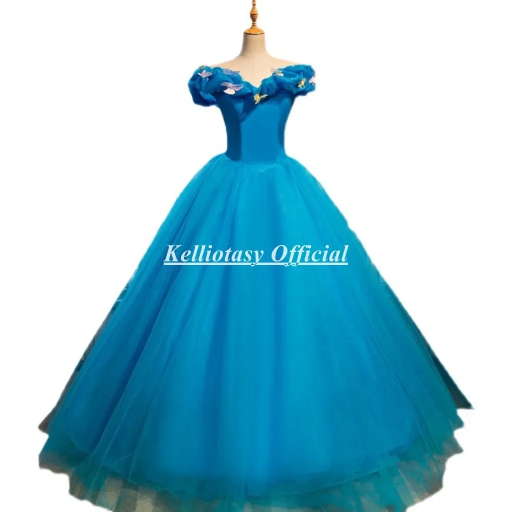 Customized Cinderella Quinceanera Dresses With Butterfly Trimming Blue Ball Gown Princess Quinceanera Gown For Girls  SWS017