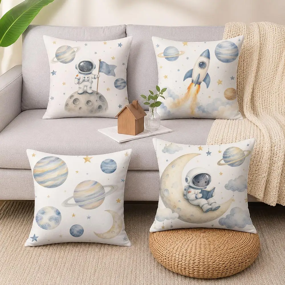 Cute Astronaut Outer Space Planets Cushion Cover Soft Short Plush Pillow Cases Hidden Zipper Sofa Bedroom Home Decor Gift