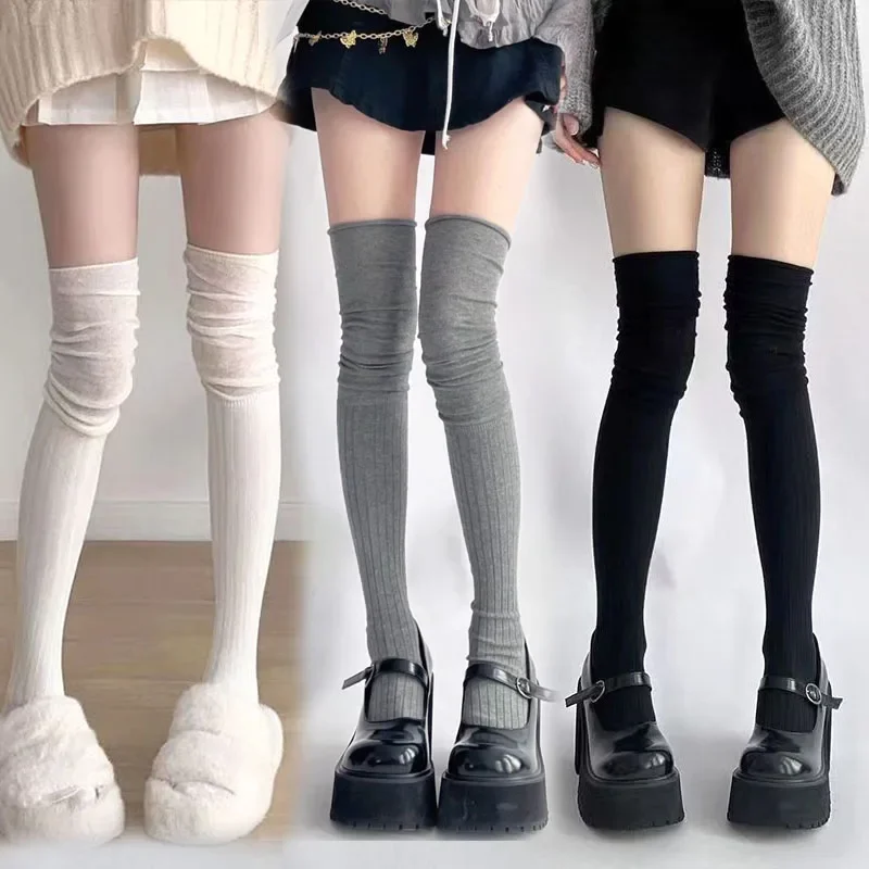 1pair Boot Socks Autumn/Winter Solid Color Thigh High Lace Cute Lolita Warm Stockings Sexy Black White Long Leg Socks for Women