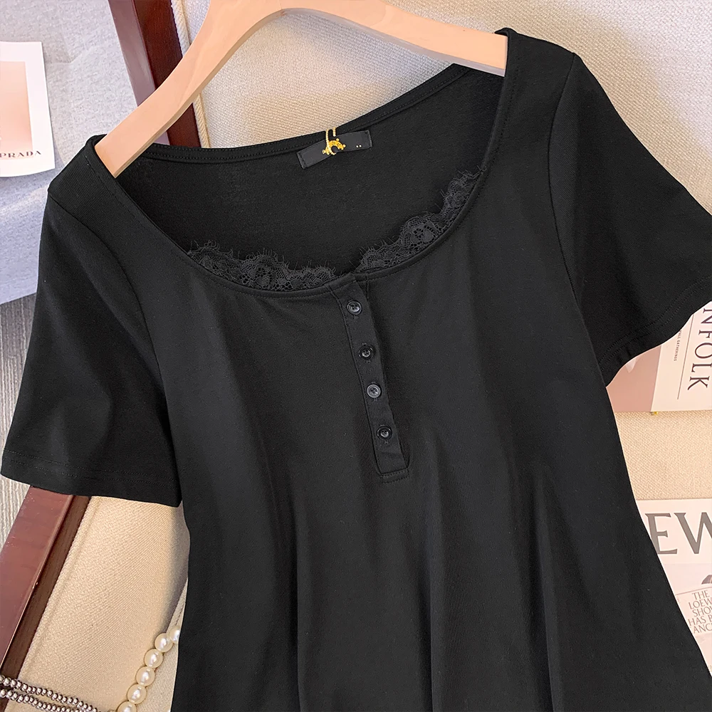 Plus size women\'s summer casual dress 70% cotton fabric lace lace round neck design loose comfortable casual mid-length skirt