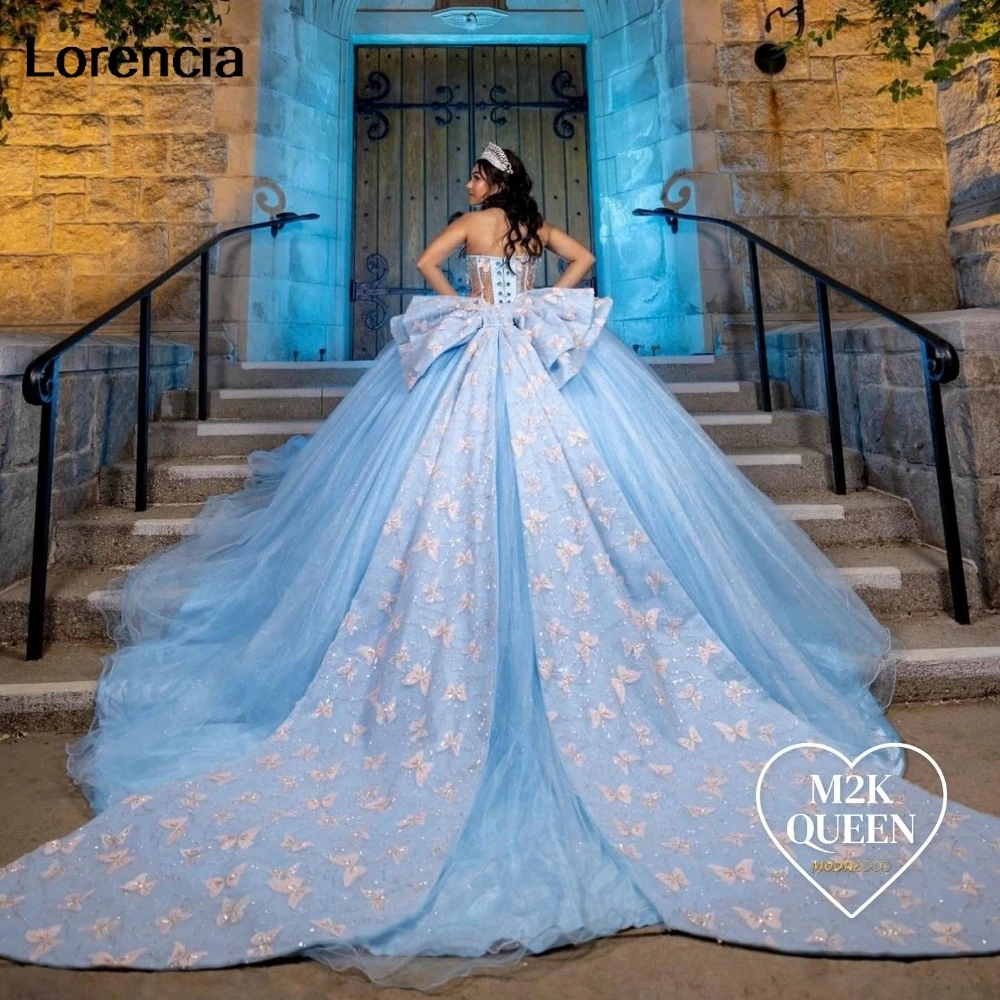 Maßgeschneidertes blaues Quinceanera-Kleid, Ballkleid, Schmetterlingsapplikation, Perlenstickerei, große Schleife, Korsett, Sweet 16, Vestidos de 15 Años YQD907