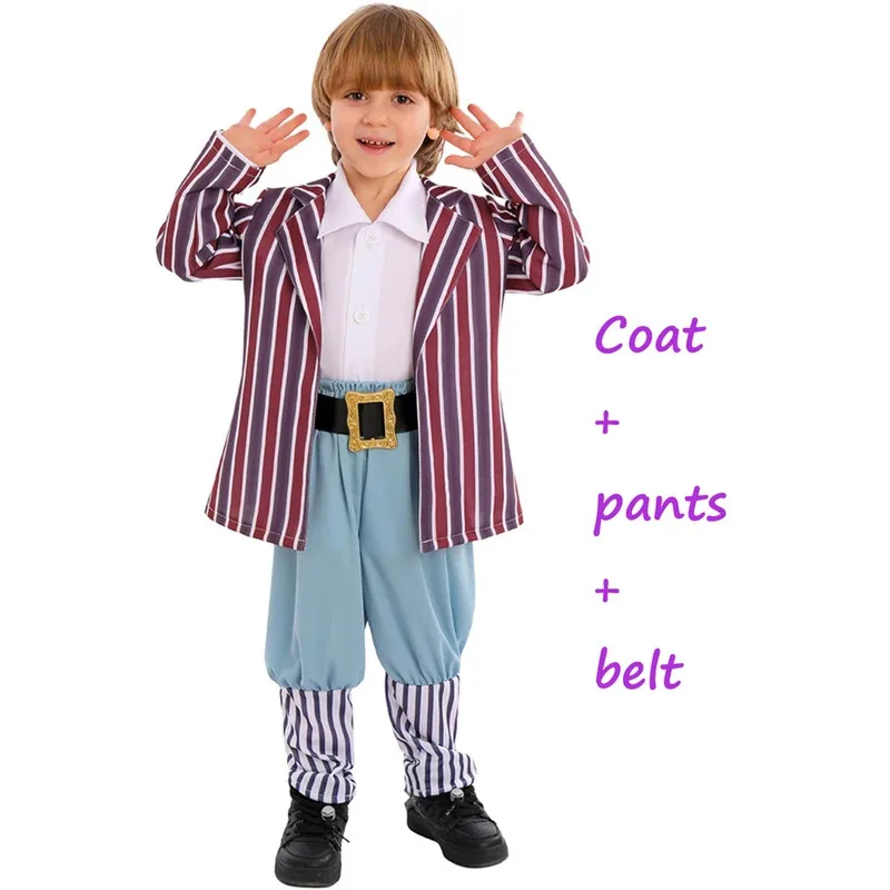Movie Chocolate Factory Cosplay Costume for Kids, Coat, Pants, Belt, Complete Set, Role Play Outfit for Boys, Halloween Party