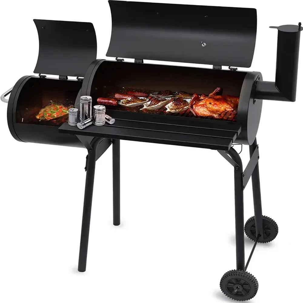 27 inch Charcoal Barrel Grill with Offset Smoker, Adjustable Heat Control.