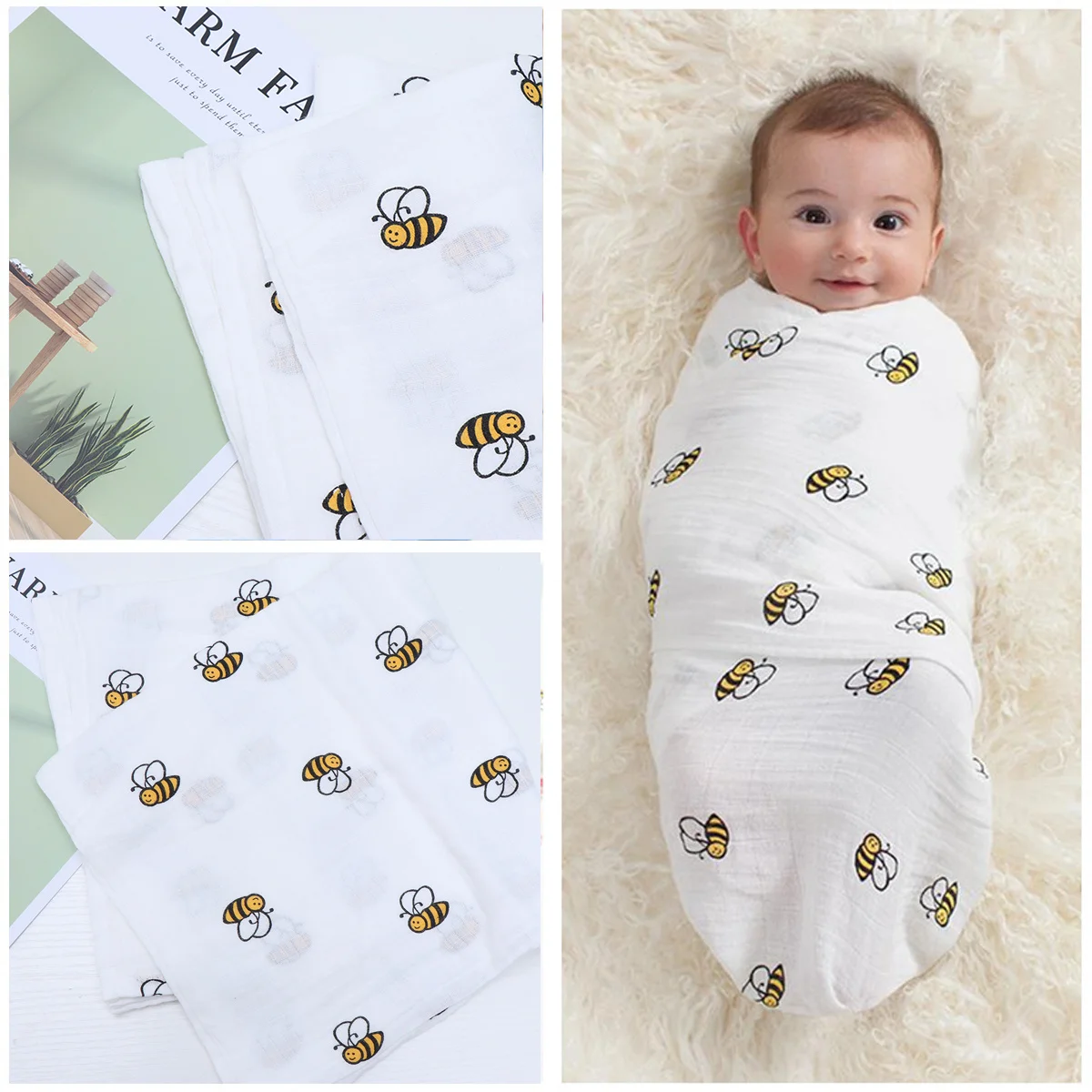 

Newborn Baby Swaddle Blanket Cotton Bee Pattern Soft Lightweight Breathable Infant Towel Stroller Crib Nursing Cover Gift