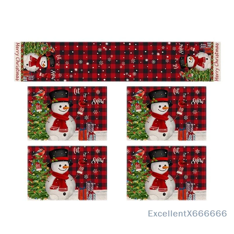 5Pcs Snowman Print Heat Resistant Buffalo Plaid Christmas Table Runner Placemat Set for Holiday Home Table Decor