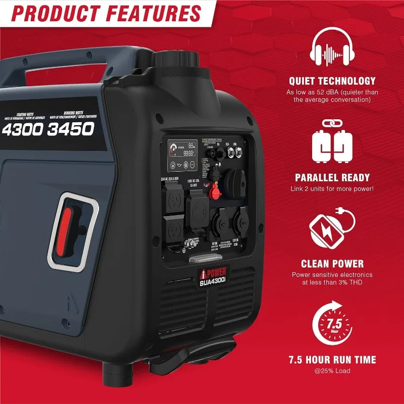 A-iPower Portable Inverter Generator Gas, 4300W RV Ready, EPA & CARB Compliant CO Sensor