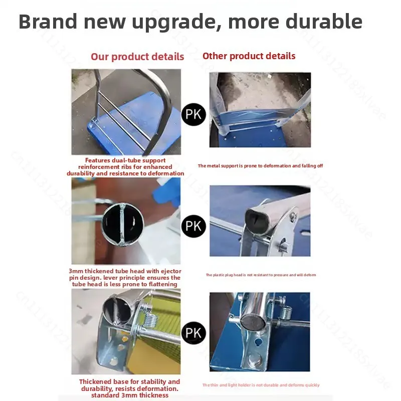 Stainless Steel Folding Flatbed Hand Cart With Thickened Movable Armrest Heavy Load Transport Tool For Household Cargo Accessory