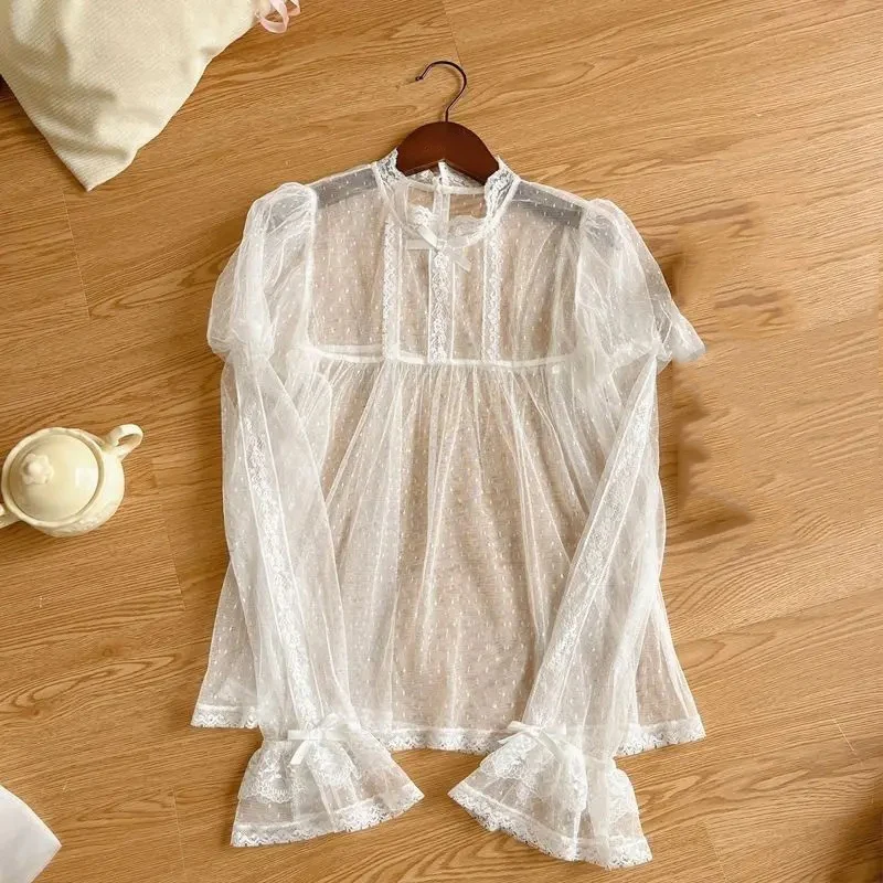 Blusa de gaze de manga comprida roupas femininas sexy coreano camisas 2025 blusas mujer de moda colheita topos ver através de blusas de verão