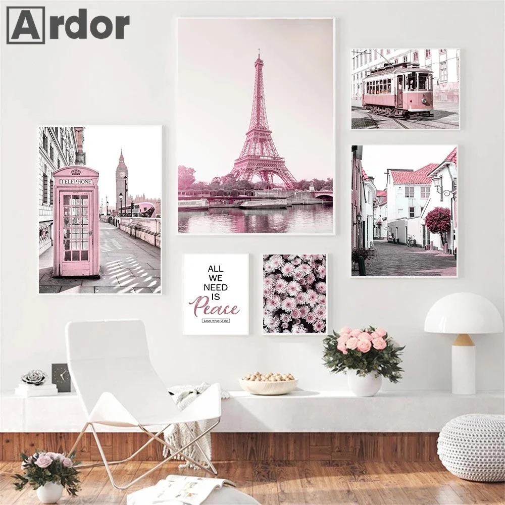 Modern Pink Flower Poster Eiffel Tower Mailbox Architecture Art Print Quotes Wall Art Canvas Painting Nordic Pictures Home Decor