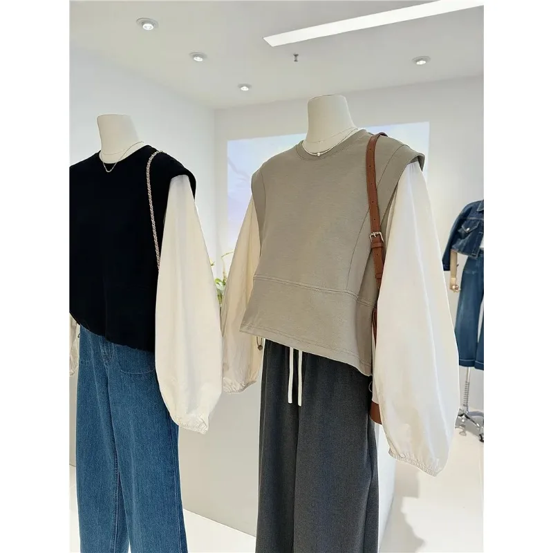 Moda otoño nuevo falso dos piezas Casual estilo occidental camisa manga Top Casual suelto cuello redondo versátil sudadera Mujer