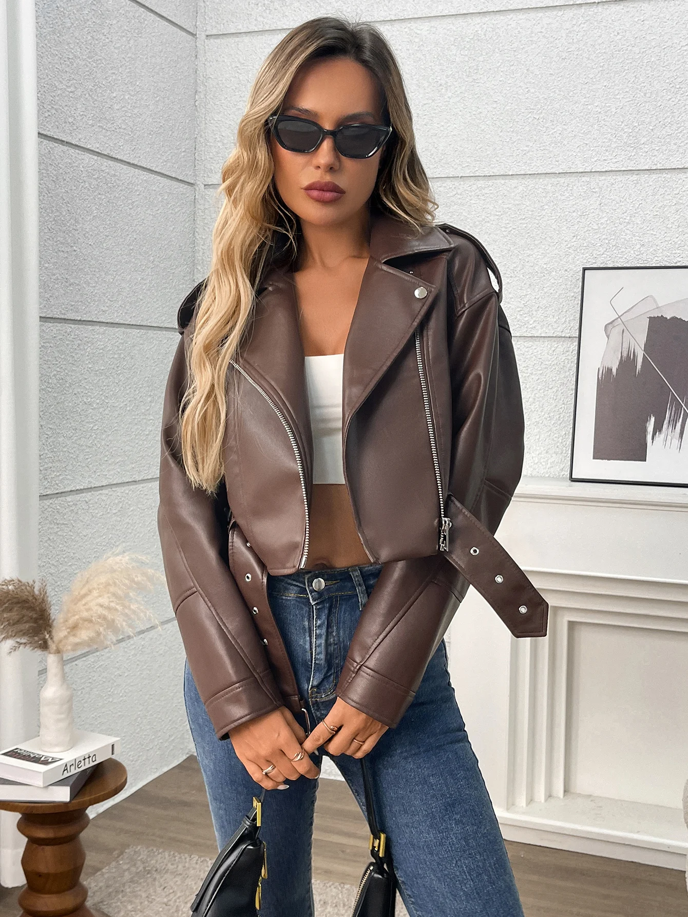 سترة Fitaylor النسائية المصنوعة من الجلد الصناعي مع طية صدر السترة للدراجات النارية من الجلد ملابس خارجية غير رسمية لراكبي الدراجات النارية #3