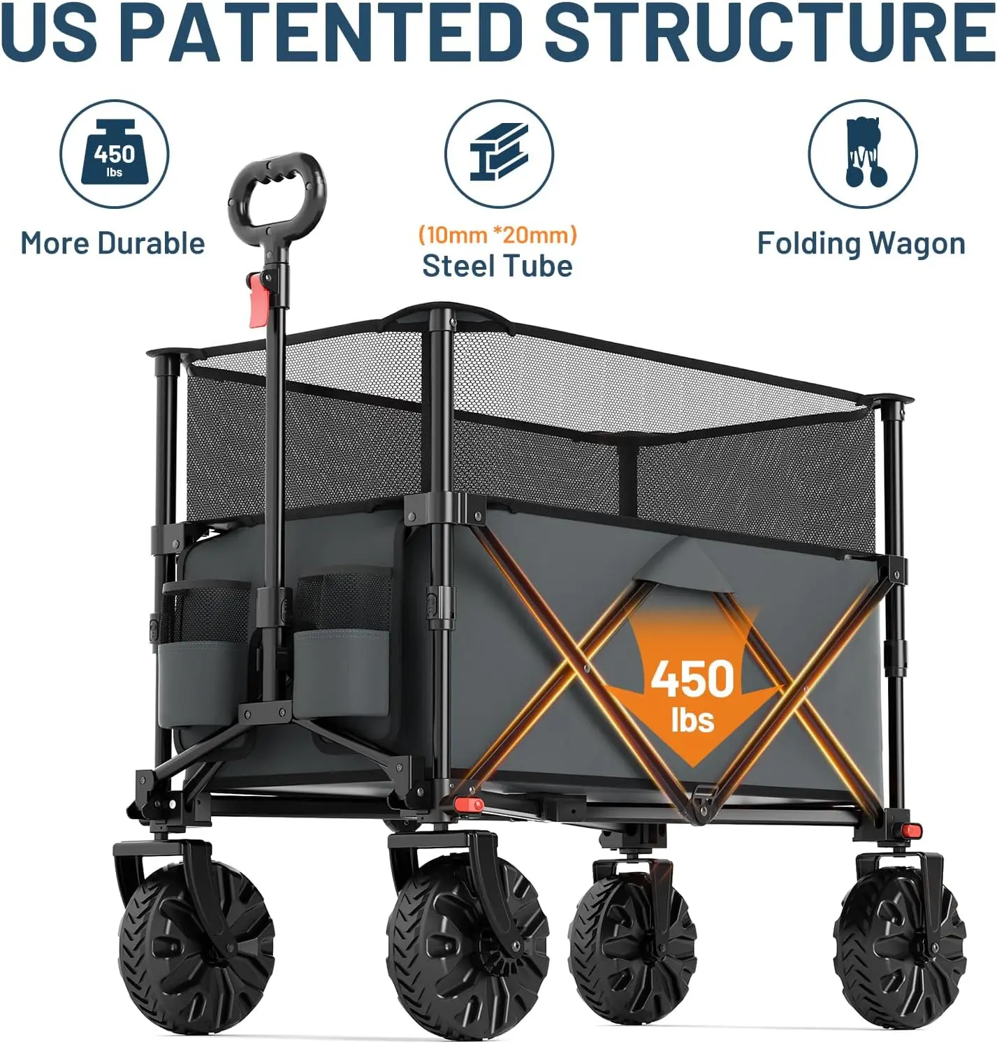 Foldable Wagon Cart with Extendable Height, 350L Capacity, All-Terrain Wheels for Camping and Shopping