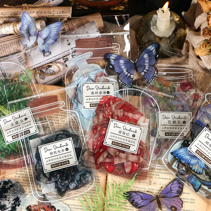 

20 Sheets Per Pack Retro Butterfly Mushroom Transparent Stickers Journal Album Decoration Landscape Photos