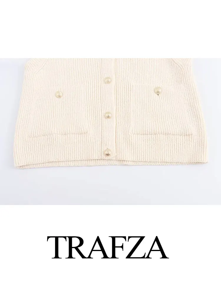 TRAFZA 2024 Autumn Elegant Knitted Vest Round Neck Sleeveless Solid Color Single Breasted Pocket Decoration Fashion Causal Tops