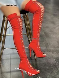 Linamong Patent Leather Thin Heel Over Knee Boots Sexy Peep Toe Lace-up Red Yellow White Stiletto Heel Long Boots Big Size Boots