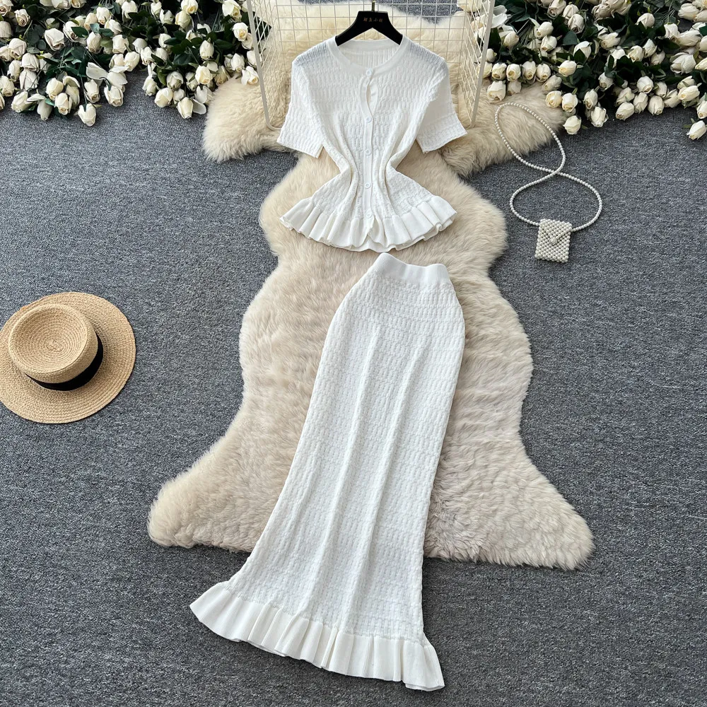 

Women Two Piece Sets Skirt Set Round Neck Short Sleeve Tops Long Skirts A Line High Waist Y2k Streetwear Elegant Work Ruffles