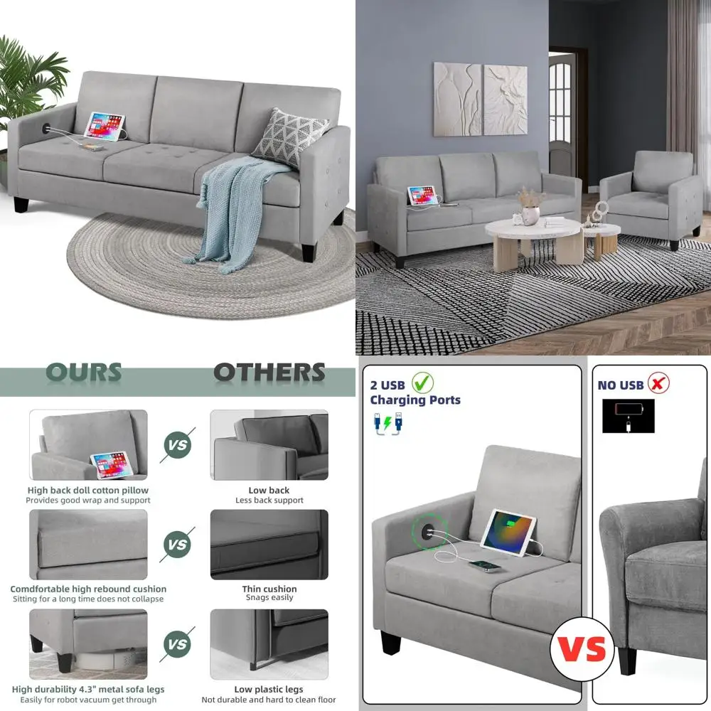 

"72-inch wide 3-seater sofa with usb ports, grey comfortable couches ideal for small spaces, mid-century modern gray living room