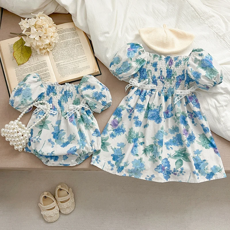 Summer Sisters Dress Matching Outfits Baby Short Sleeves Blue Flowers Lace Bow Bodysuit Turn-down Collar Dress Twins Clothing