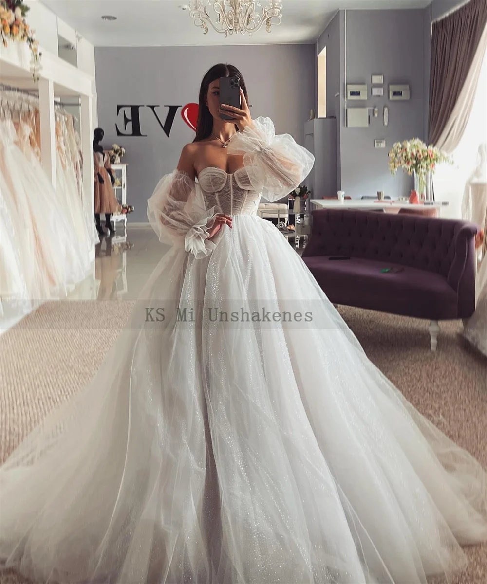 Gaun Pernikahan Putri Tulle Glitter Mengkilap Gaun Pengantin Renda Lengan Panjang Puff Gaun Pernikahan Bohemian Antik Vestidos Musim Semi