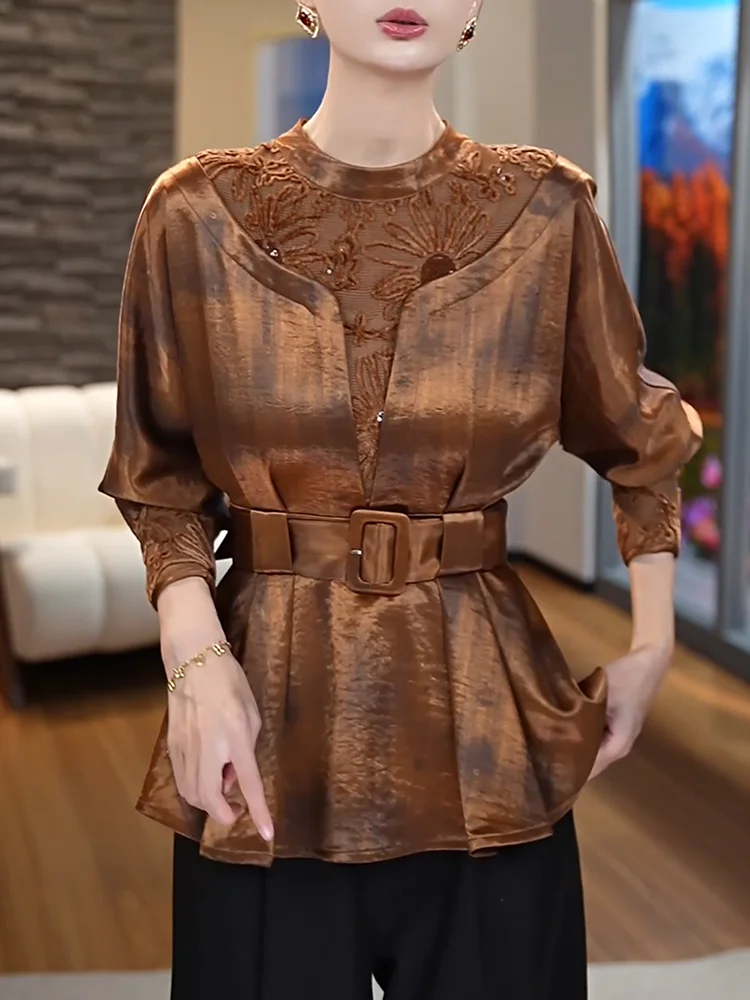 

Faionable plus Size Long Sve Embroidered irt Women's Versatile Slimming Top Retro Commute Sle Autumn Seasonal Wear