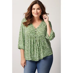 Chemisier à col en V à imprimé floral pour femme, manches lanterne, vert foncé, grande taille, été, 3/4